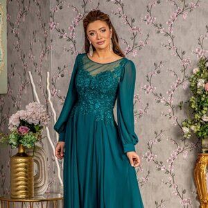 NEW LONG FORMAL FLORAL EMBROIDERED DRESS WITH BOAT-NECK & LONG SLEEVES GL3363